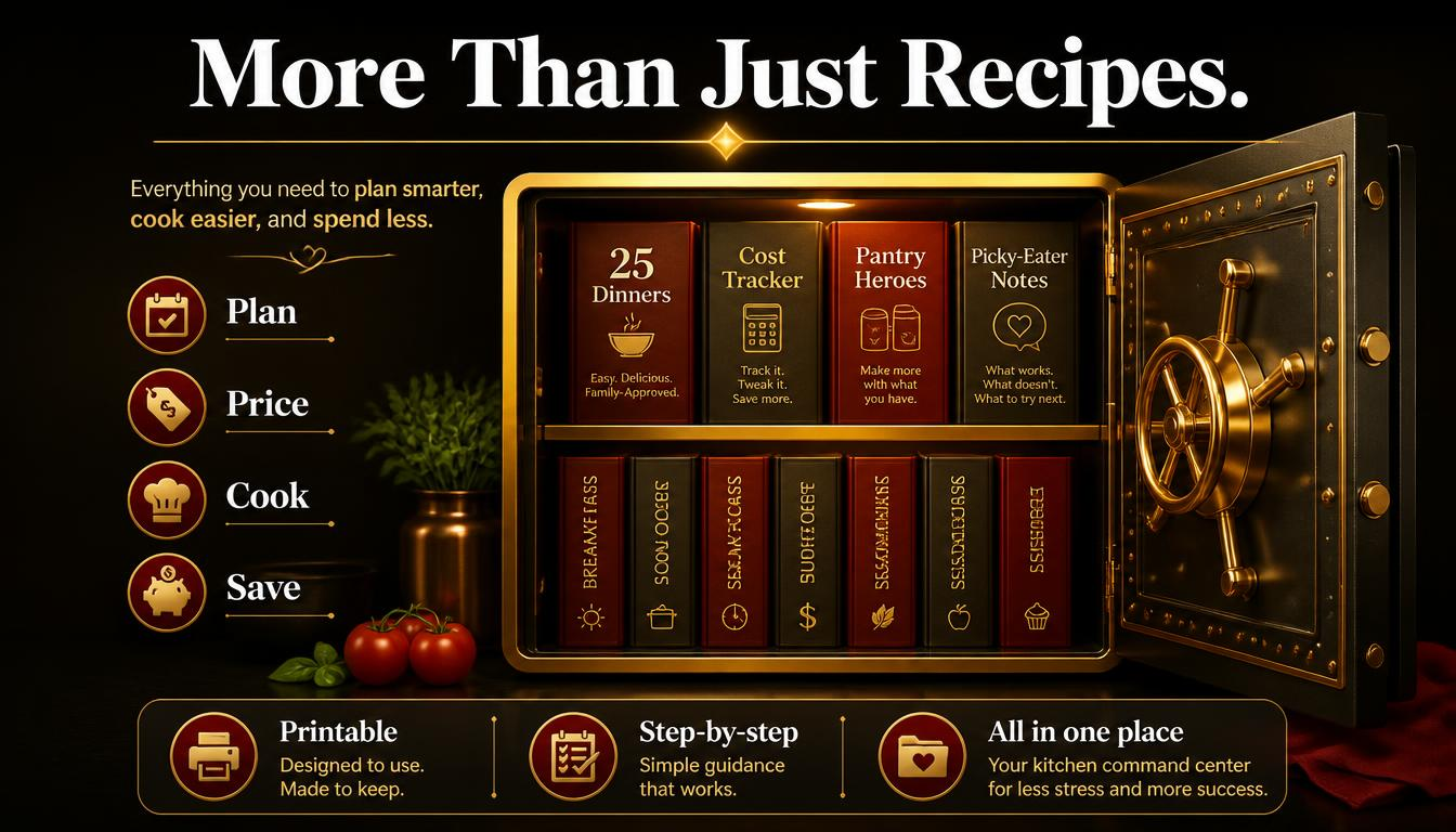 The Cheap Dinner Vault: a gold shelf of dinner guides and trackers